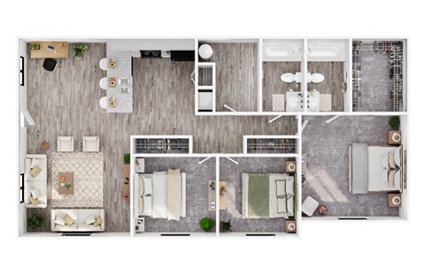 Floor plan for 3 beds, 2 baths, 1070 sqft